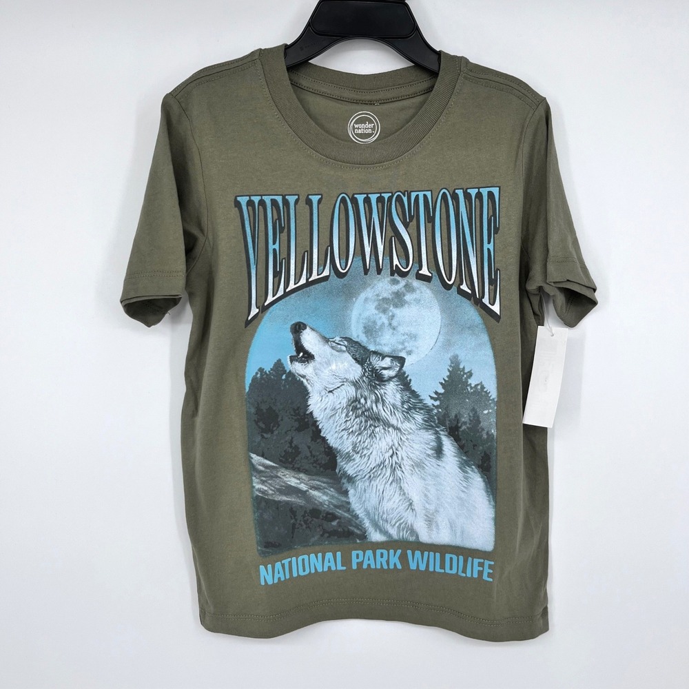 Yellowstone National Park Wolf Graphic Tee Kids XS 4-5 Olive Shirt Adventure